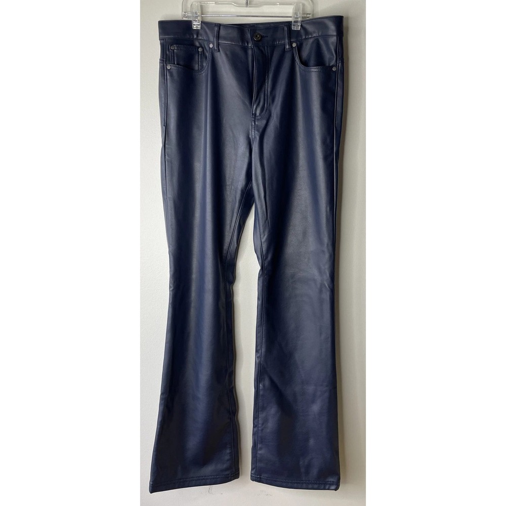W by Worth Faux Leather Pants Womens 8 Navy Blue Straight Leg Edgy Chic Moto